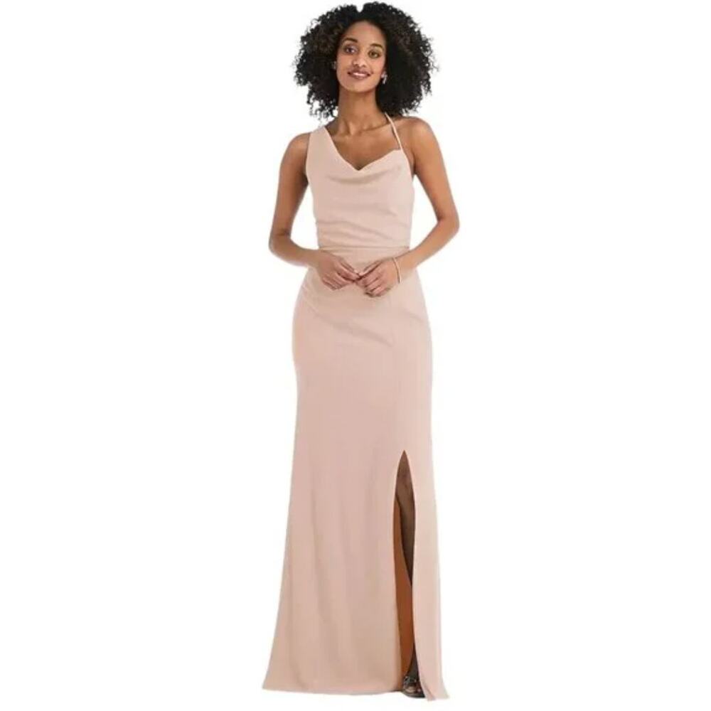 After Six Blush Pink Cowl Neck Maxi Dress with Side Slit